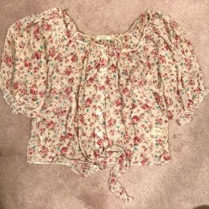 Button down floral top with tie at the bottom
